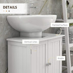 White under-sink cabinet with vertical panel doors, metal knobs, and painted surface
