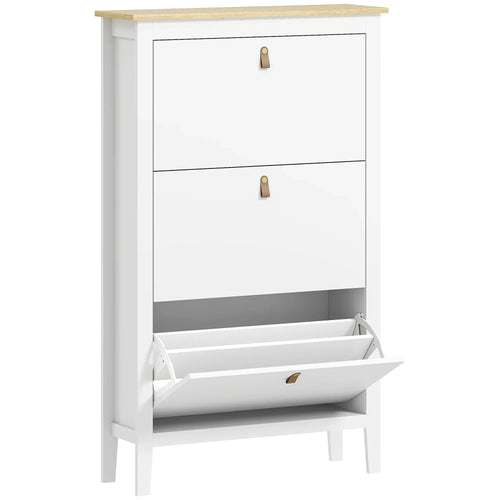 White three-drawer shoe cabinet with open drawer and two front compartments