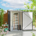 Grey lean-to steel garden shed with open door and slanted side wall
