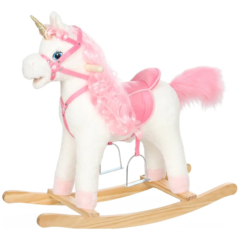 Kids unicorn rocking horse, white plush with pink mane and tail, curved wooden rockers