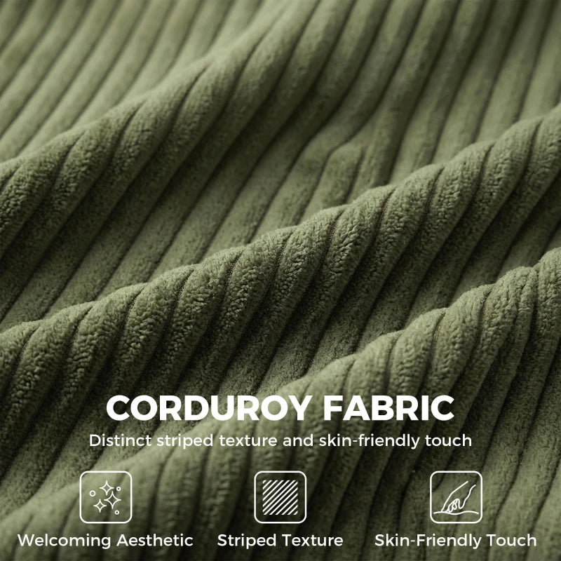 Green corduroy fabric panel with ribbed striped texture