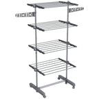 Grey four-tier wire drying rack with side arms, on wheeled legs