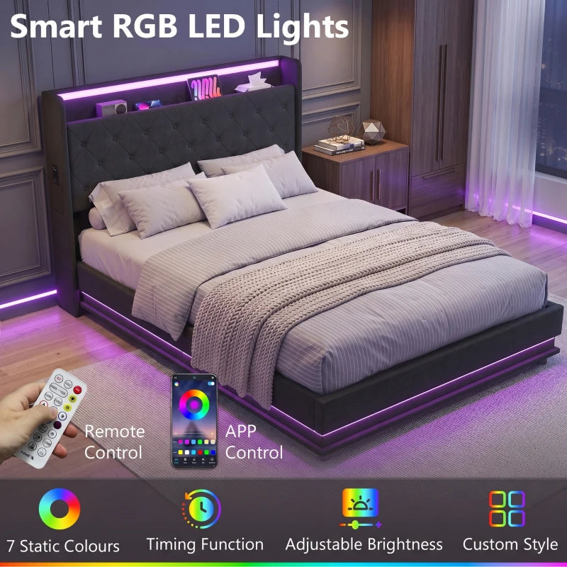 Black bed frame with RGB LED light strip, tufted headboard, and remote control