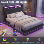 Black bed frame with RGB LED light strip, tufted headboard, and remote control