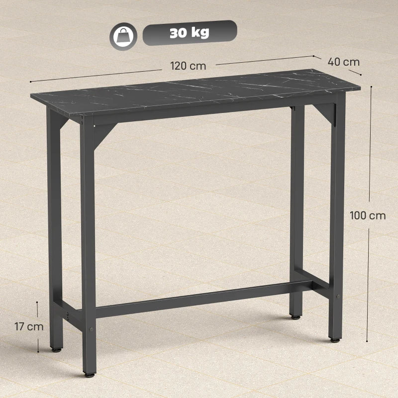 Black marble-effect bar table with open lower shelf and sturdy metal legs