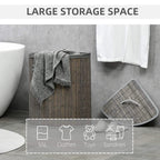 Grey bamboo laundry hamper with lid and curved handle, large storage basket