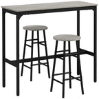 Industrial bar table set with grey tabletop and two round grey stools, black legs