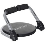 Black foldable ab crunch trainer with gray frame and padded arm rests.