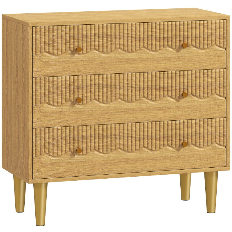 Oak 3-drawer dresser chest with ribbed fronts and round knobs, on gold metal legs