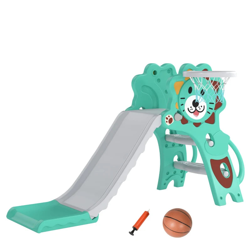 Teal kids slide with lion basketball hoop, climber handles, and ball accessory