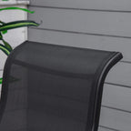 Black breathable mesh seat panel on an outdoor gliding chair with curved armrest