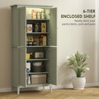 Green tall pantry cupboard open, 6-tier enclosed shelves for pantry items and cookware.