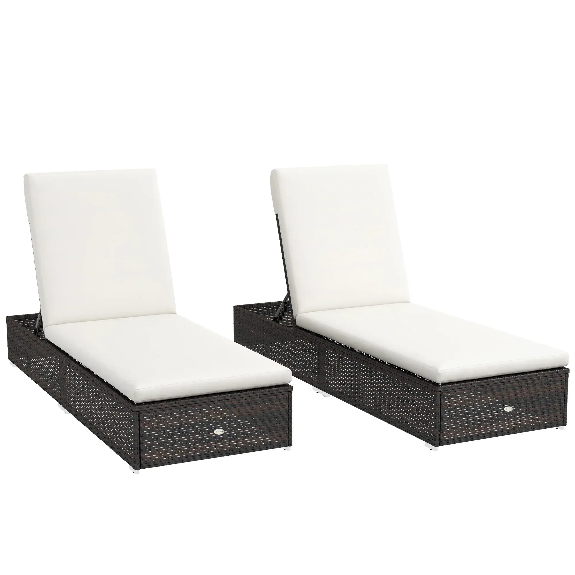 Set of Two Rattan Sun Loungers, with Reclining Backs - Brown/Cream - Bobobiy
