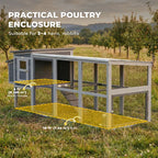 Grey wooden chicken coop with covered run and wire mesh sides, hens inside