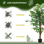 Green artificial ficus tree with dark pot and low-maintenance icons