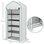Portable mini greenhouse with white PE cover and black wire shelves, side view