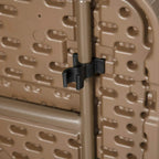Folding dining chair hinge detail with dark brown rattan-style frame and panel