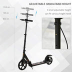 Black kick scooter with 3-level adjustable handlebar height and foldable frame
