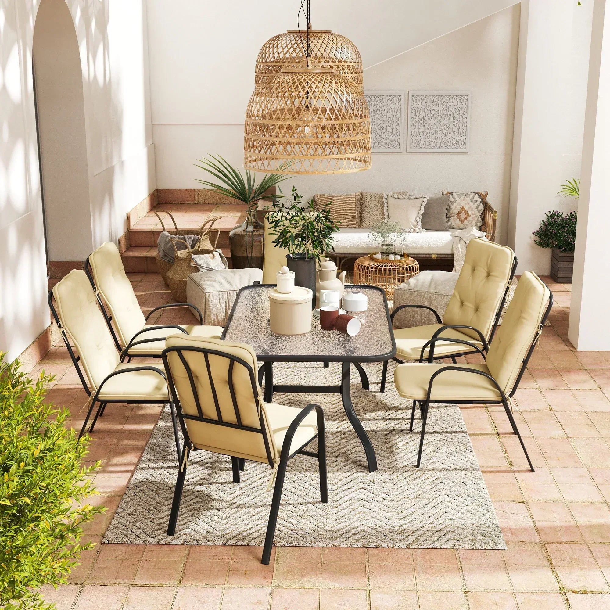 Seven-Piece Garden Dining Set with Cushions - Beige - Bobobiy