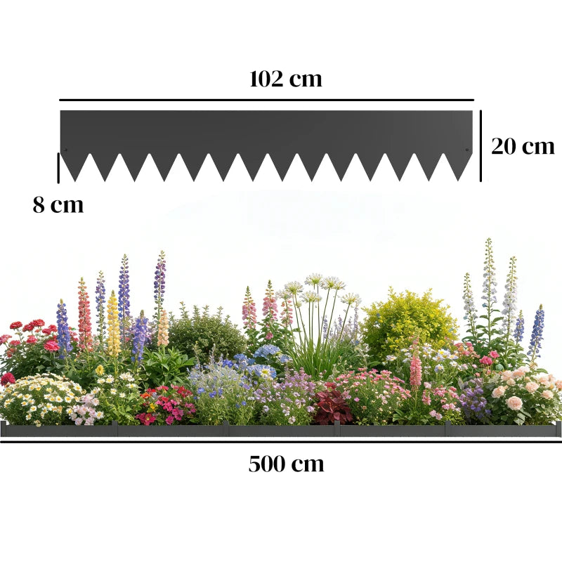 Black metal picket fence panel with zigzag top, 102 x 20 cm.