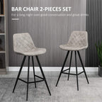 Set of 2 grey quilted bar stools with padded seats, angled steel legs, footrest