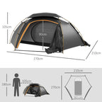 Grey dome tent with front mesh panel and rainfly overhang, side angle view