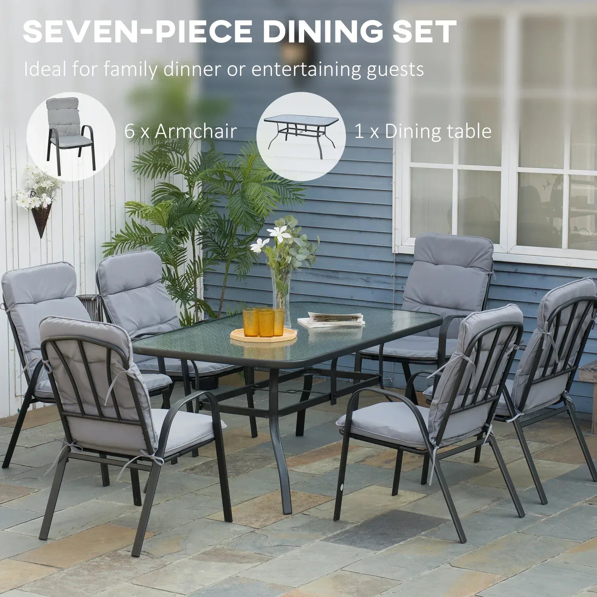 Seven-Piece Garden Dining Set with Cushions - Grey - Bobobiy