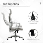 Grey office chair with headrest; tilt control and tension adjustment knob