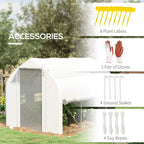 White walk-in polytunnel greenhouse with roll-up mesh door and zippered side opening