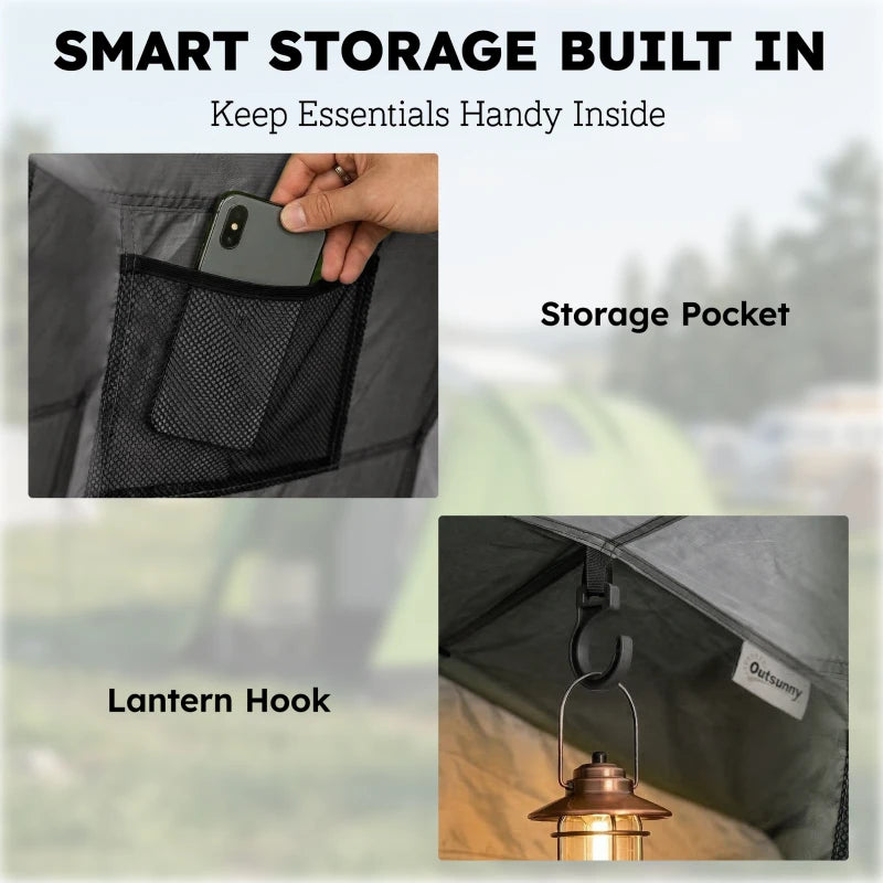 Dark grey camping tent with built-in storage pocket and lantern hook