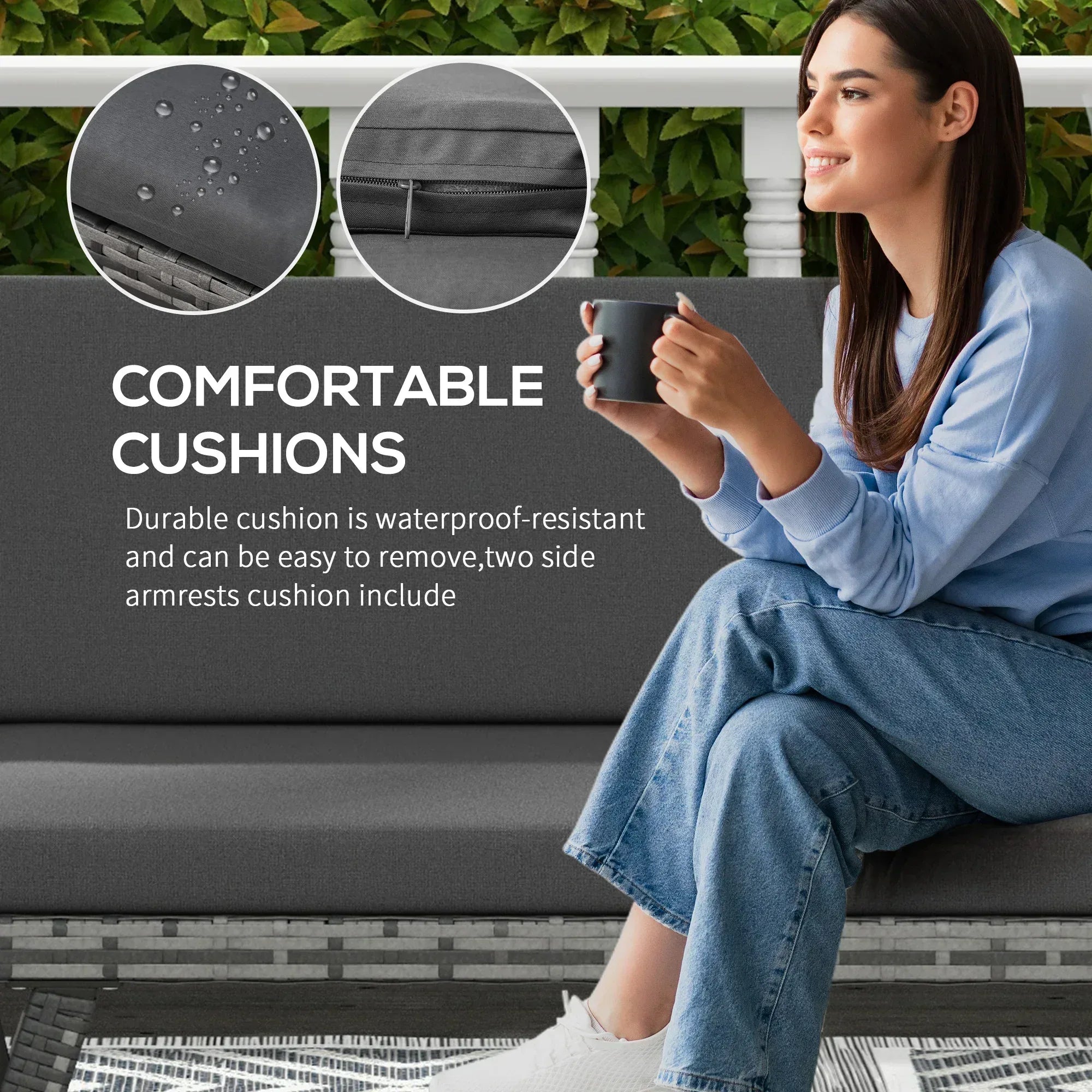 2 Seater Rattan Sofa with Cushions, 2-in-1 PE Rattan Daybed Sofa with Left Up or Down Armrests, Garden Chaise Lounger Loveseat for Outdoor, Patio, Mixed Grey - Bobobiy