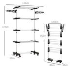 Black four-tier clothes drying rack with dimensions shown and side wings