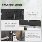 Black charcoal grill with front charcoal access door, pull-out ash tray, and bottle opener