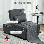 Grey recliner chair bed with padded pillow and thick cushioning, with throw blanket draped