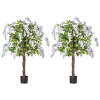Set of 2 artificial wisteria plants with purple-white blossoms and green leaves in black pots