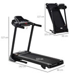 Black folding treadmill shown with product dimensions, LED console on frame
