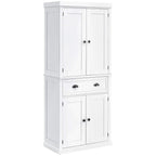 White freestanding kitchen pantry cabinet with four doors and two drawers