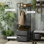 Metal coat stand with hanging rail, storage shelves, and two gray fabric drawers