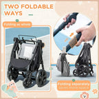 Grey foldable baby stroller shown folded and unfolding for compact storage