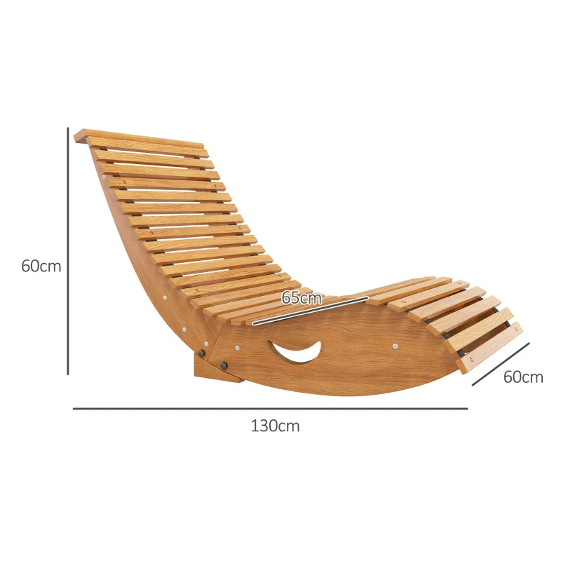 Teak-style wooden rocking chair shown side profile with slatted seat and back