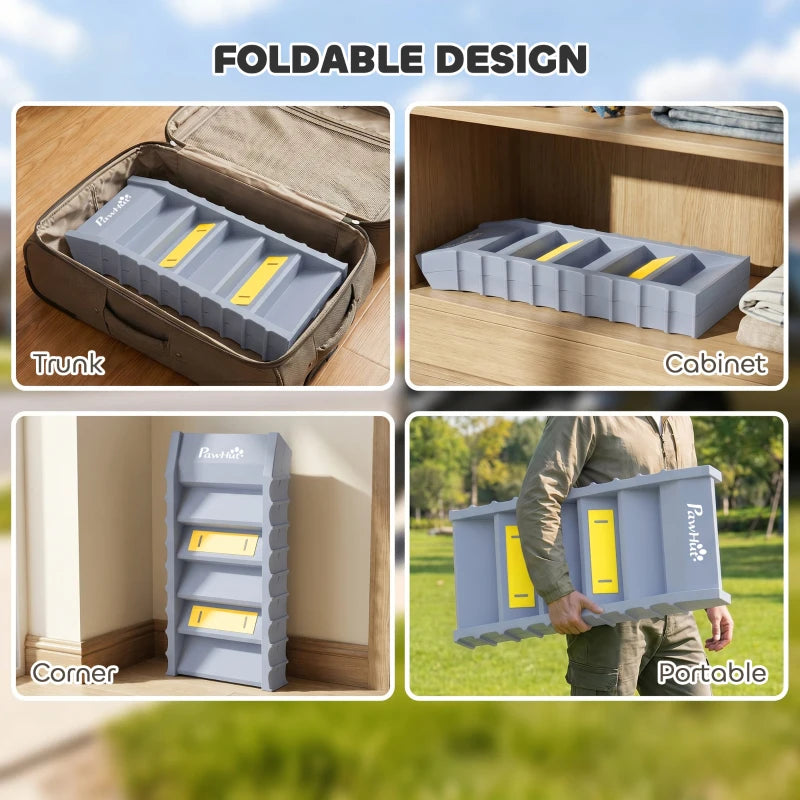 Foldable grey dog car ramp with 10 steps stored in a trunk-style case