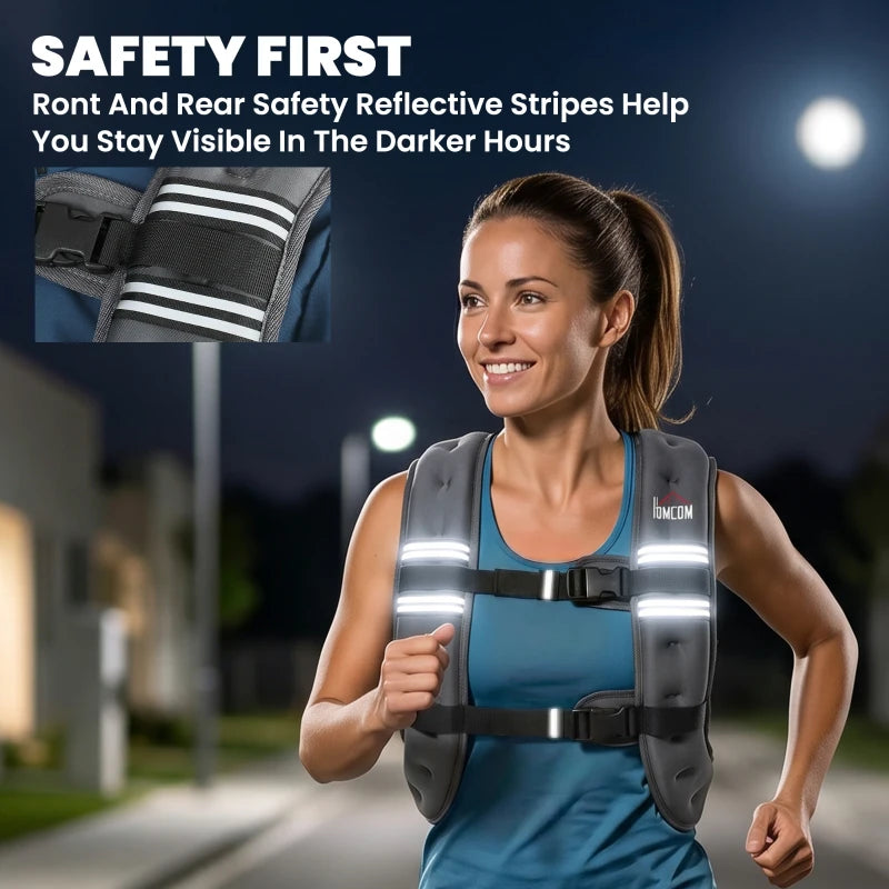 Grey weighted vest with wide reflective stripes and secure front chest strap