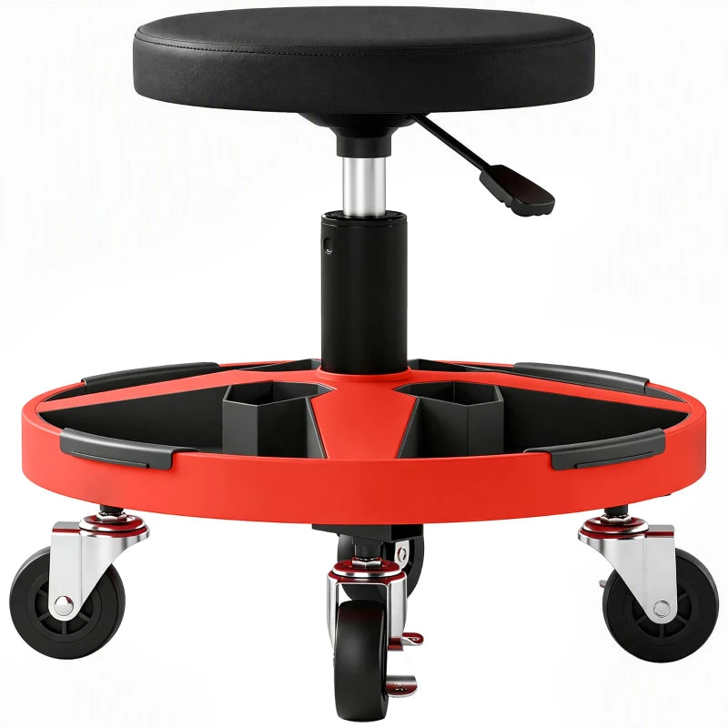 Black padded round workshop stool with height-adjustable base and rolling caster wheels
