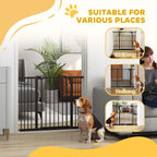Black safety gate with vertical bars for doorway, hallway, and stairway use