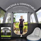 Grey camping tent with curved roof, large front door opening, and mesh window panels