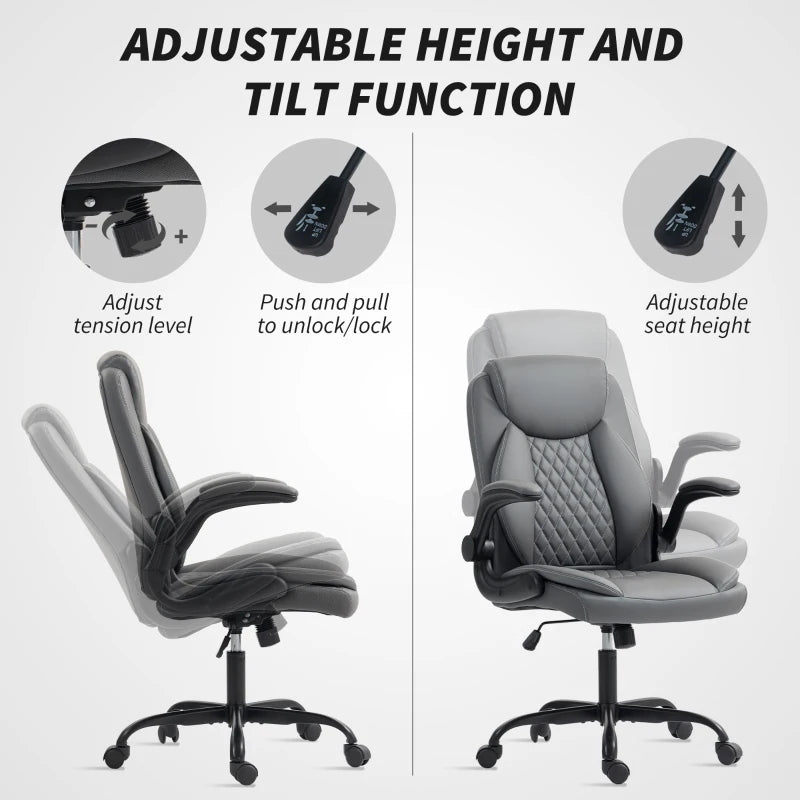 Charcoal grey office chair showing adjustable height and tilt, with flip-up armrests
