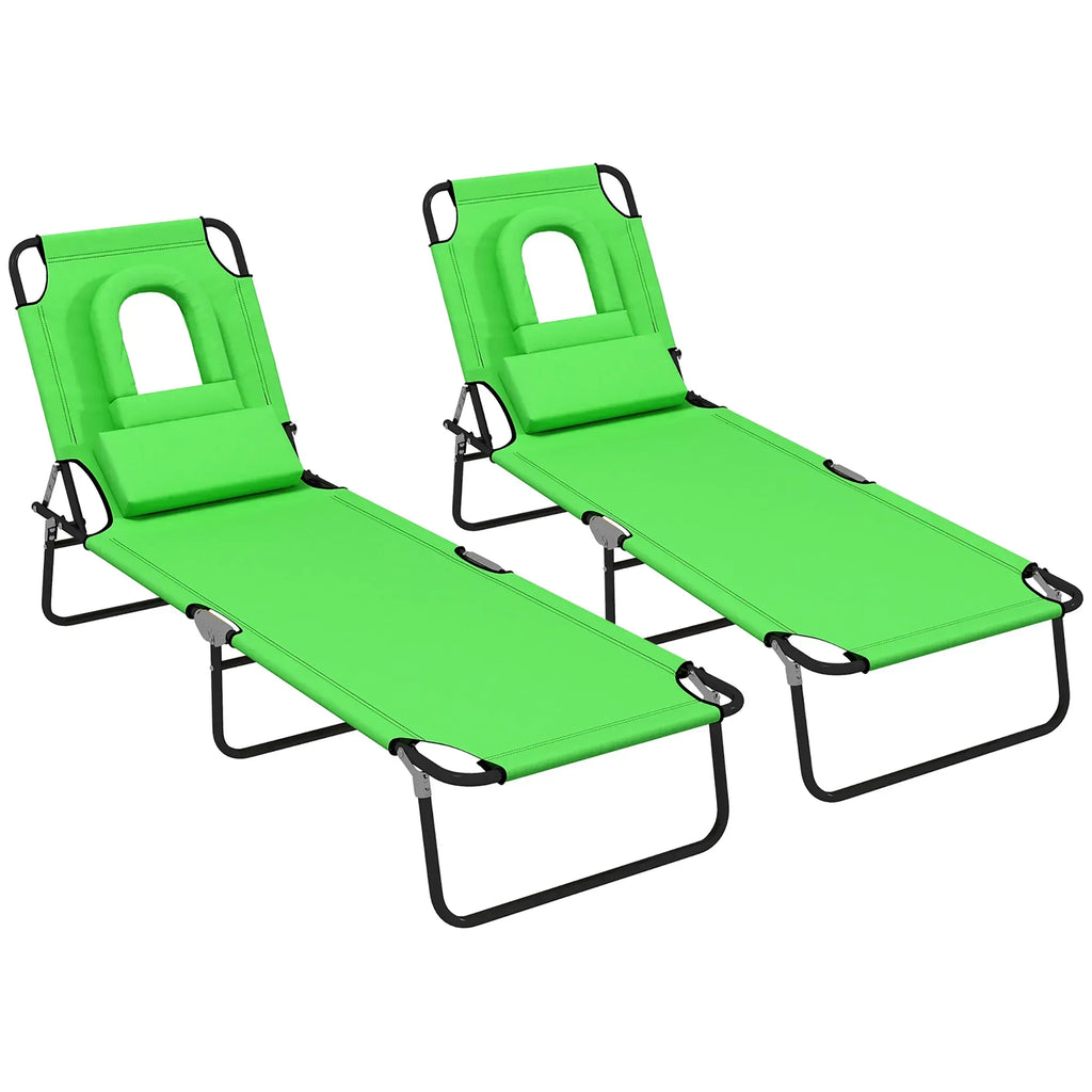 Folding Sun Loungers Set of 2 with Face Hole, 4-Position Adjustable Backrest Garden Recliner Chairs Sunbeds, Outdoor Lounge Chairs with 600 D Oxford Cloth Seat, Pillow for Beach, Green - Bobobiy