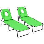 Pair of green folding sun loungers with face hole and 4-position adjustable backrests.