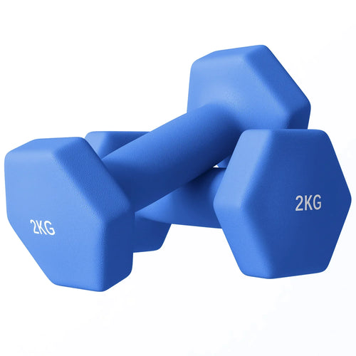 Blue hexagonal dumbbells set with 2KG marking, non-slip grip handles