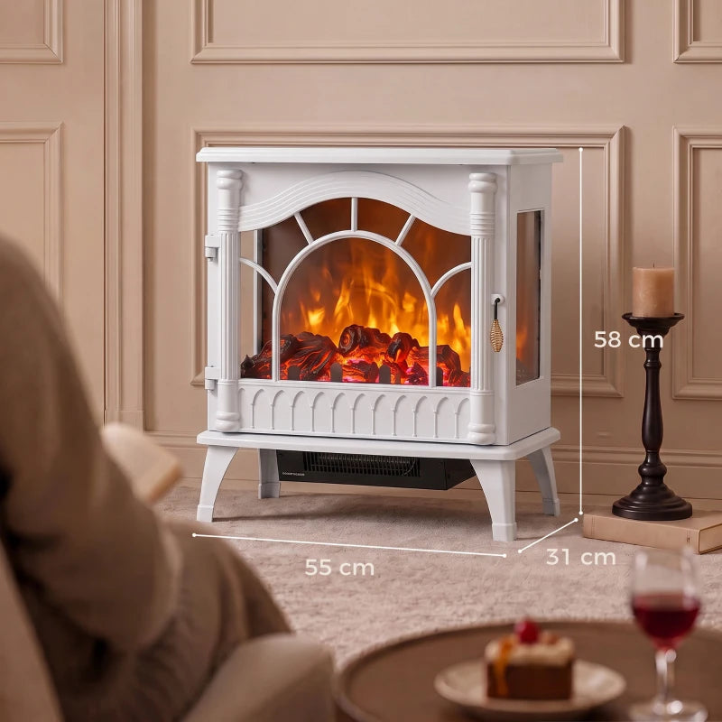 White freestanding electric fireplace stove with arched 3-sided glass and side door